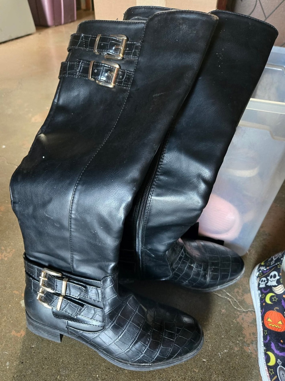Black Leather Buckle Mid-Calf Boots